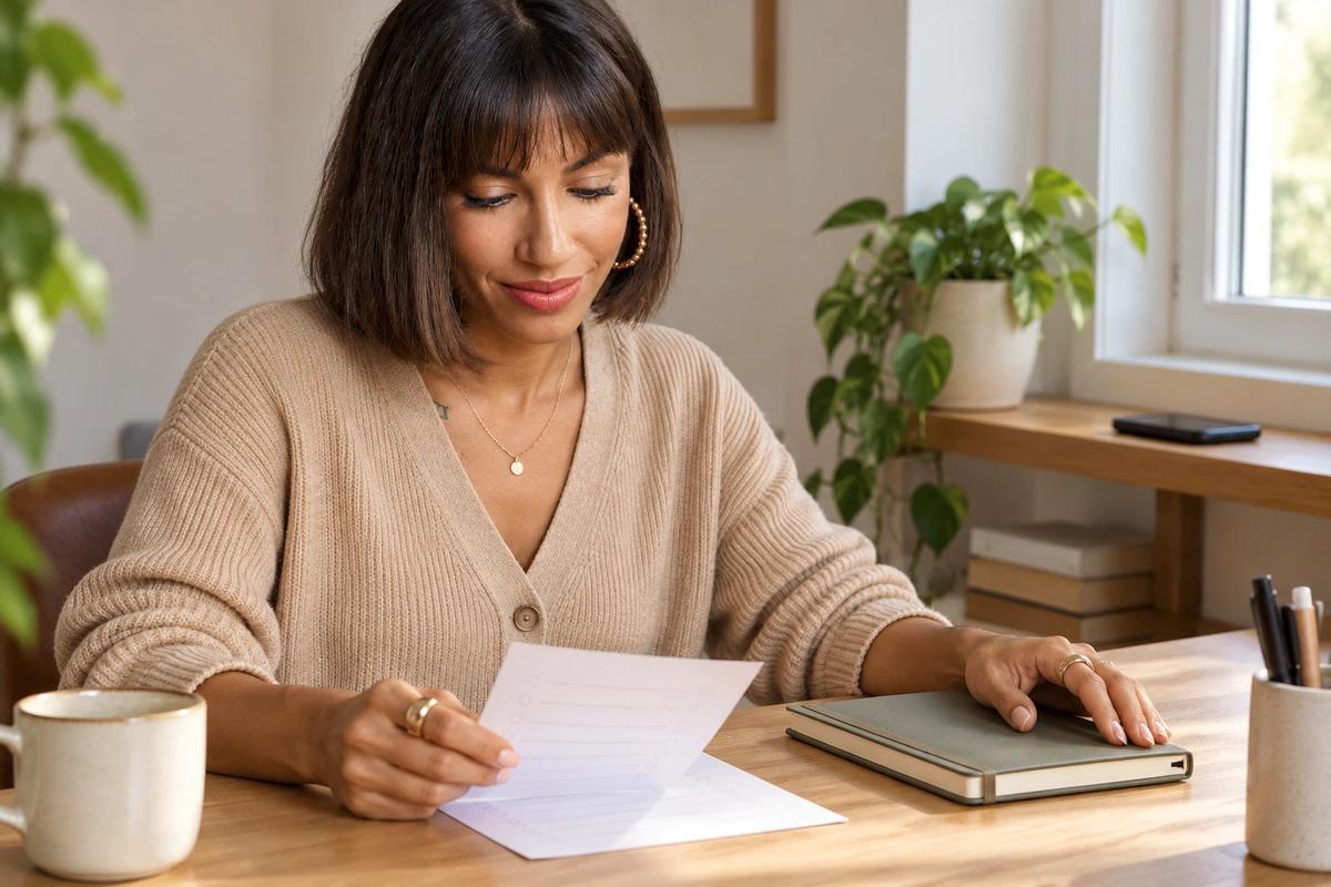 Woman separating a practical checklist from a closed personal notebook with her phone set aside